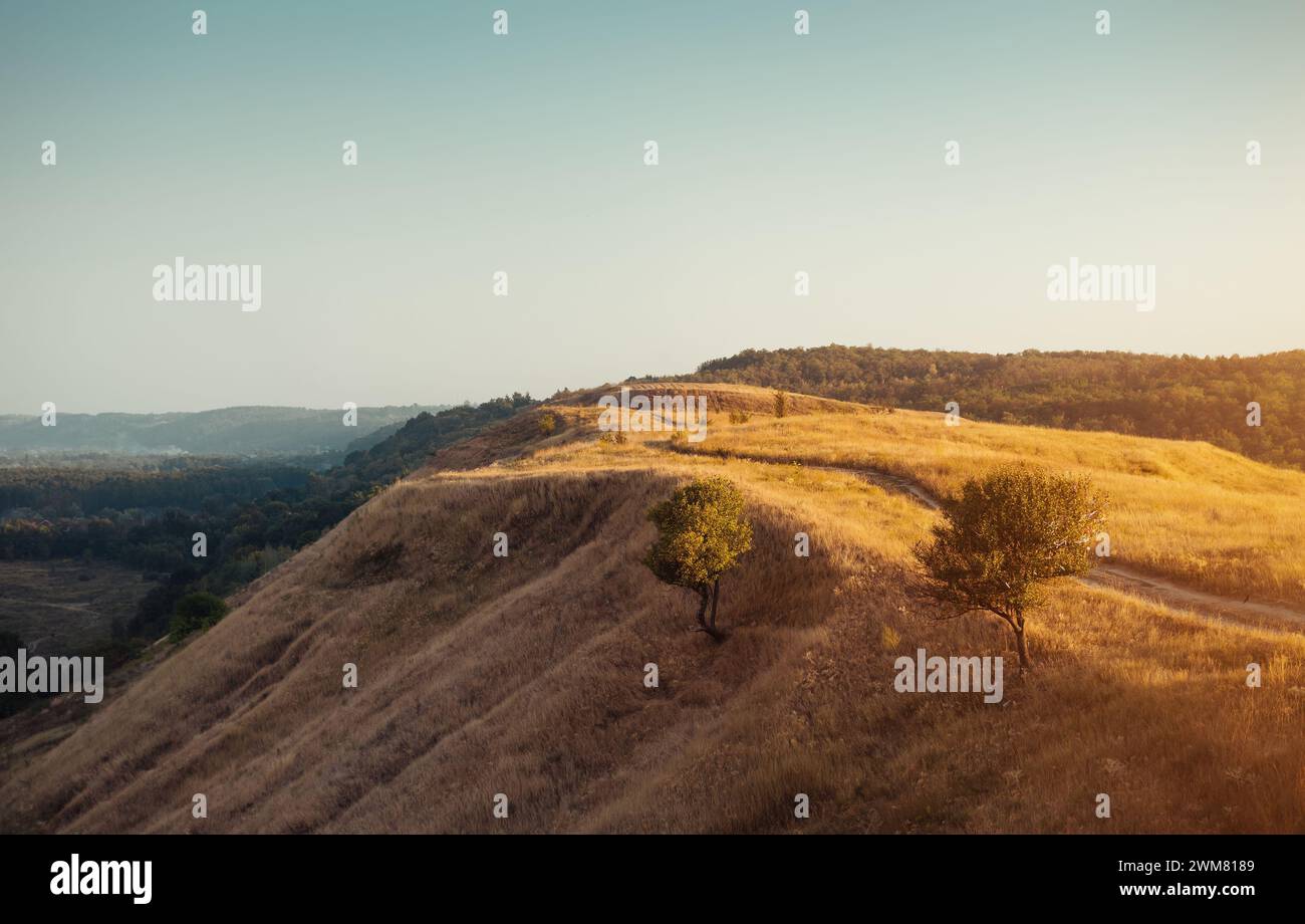 Collina con pochi alberi e sentiero in cima. Strada non asfaltata su terreno collinare Foto Stock