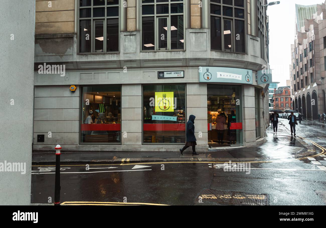 Viaggi a Londra . I pedoni e i pendolari sono stati colti da una pioggia all'angolo tra Hart Street, Londra, EC3, Gran Bretagna. 2024 Foto Stock