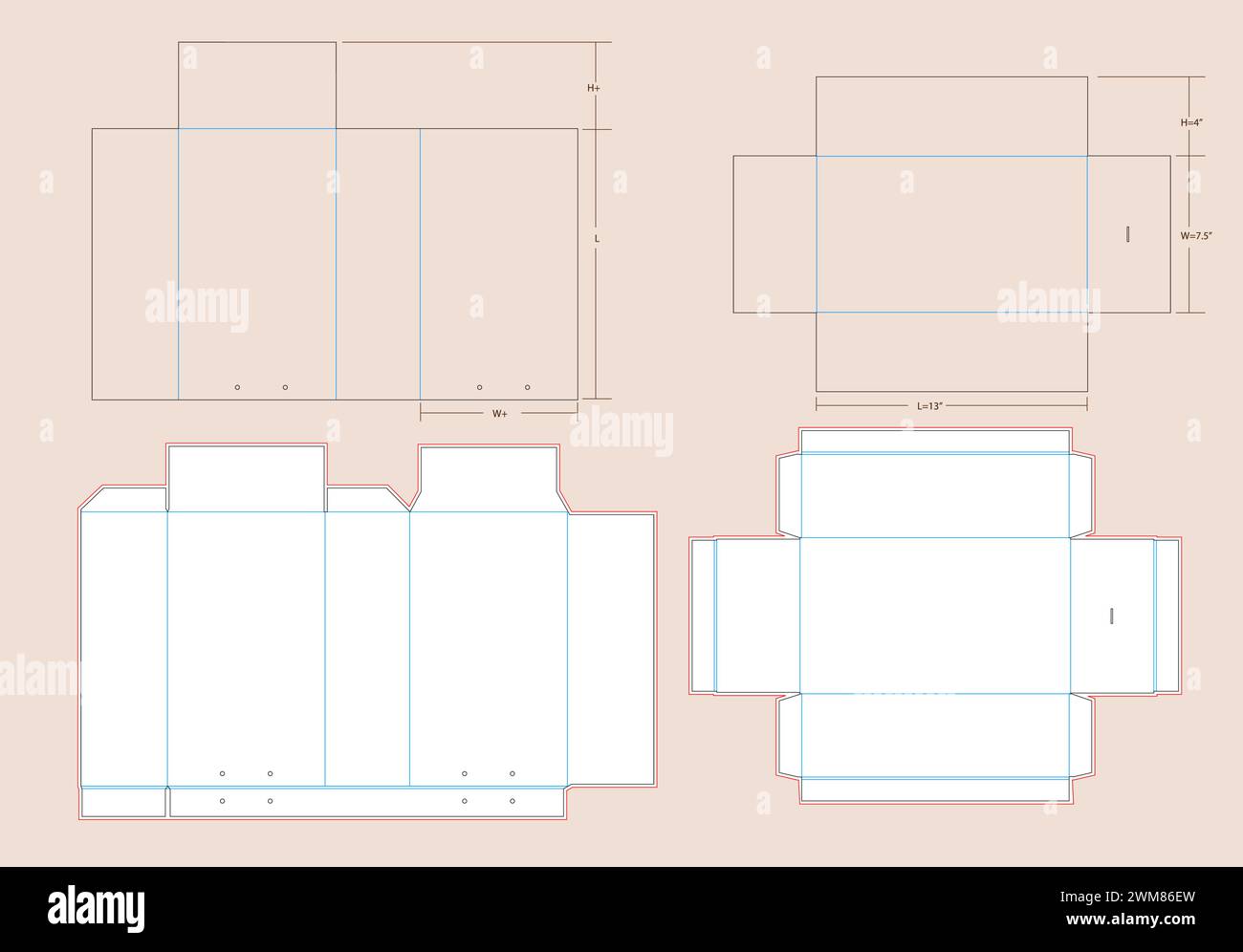 Scorrevole con maniglia per fune cassone misura media - Die line 13 X 7,50 X 4 pollici modello | cassetto estraibile con maniglia per fune dieline scatola rigida Illustrazione Vettoriale