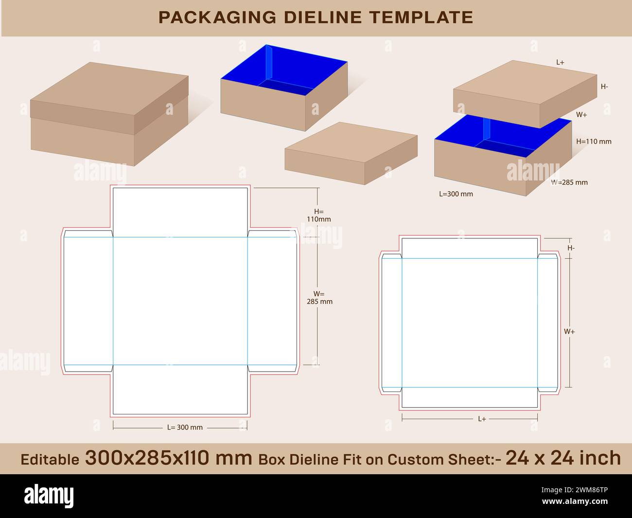 Scatola più larga pattino in due pezzi 300x285x100 mm, coperchio H=45 mm Dieline Template Illustrazione Vettoriale