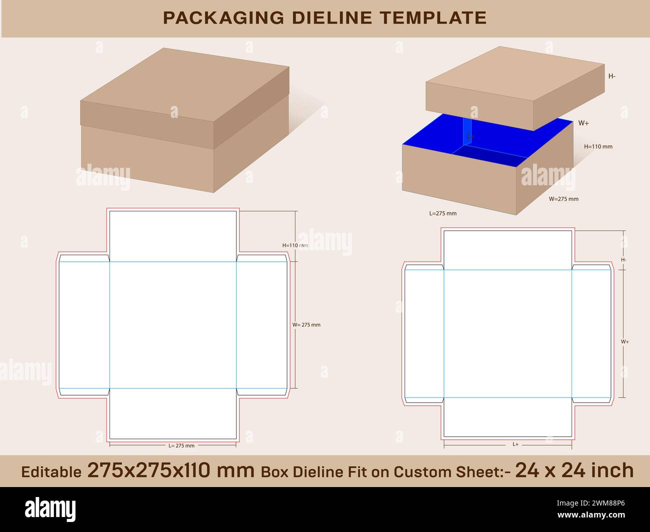 Scatola quadrata pattino in due pezzi 275 x 275 x 110 mm, coperchio H=modello linea stampo 85 mm Illustrazione Vettoriale