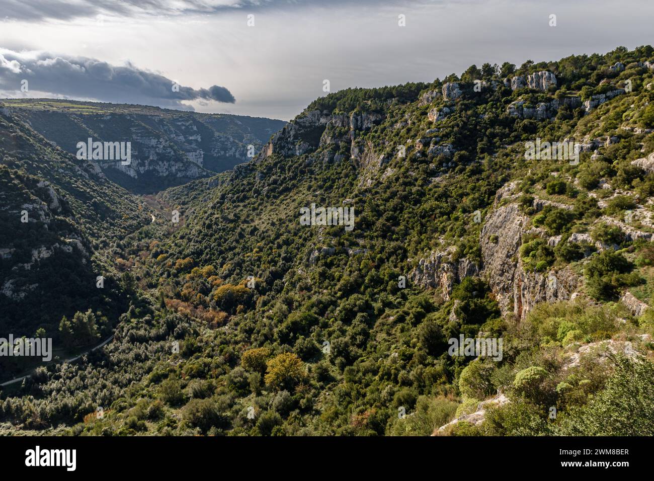 Vista panoramica della valle Anapo e l'altopiano di Pantalica vicino a Siracusa, in Sicilia Foto Stock