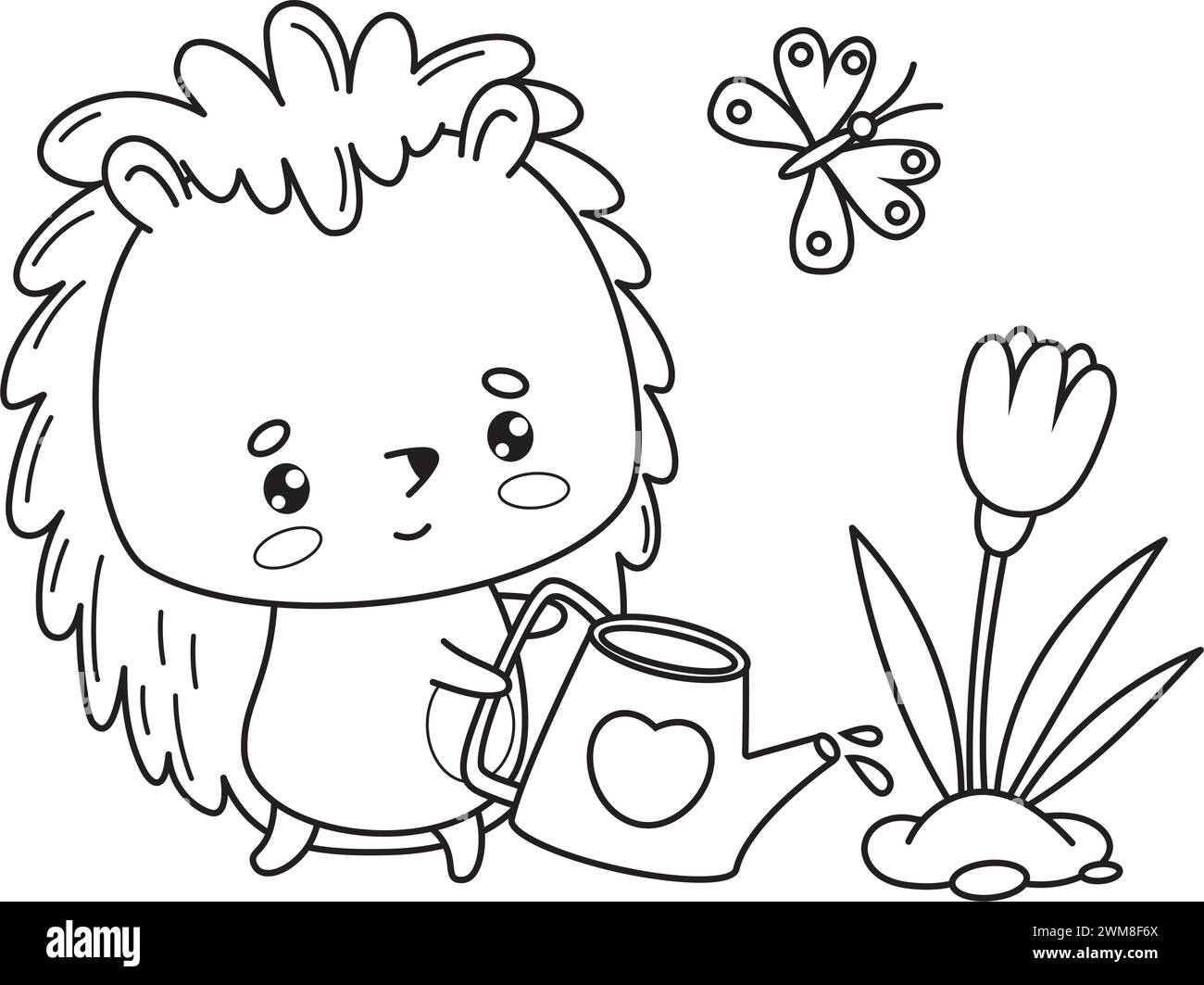 Grazioso giardiniere di ricci con farfalle e lattine d'acqua da giardino fioriscono. Illustrazione vettoriale. Profilo animale personaggio kawaii. Disegno della linea, colore Illustrazione Vettoriale