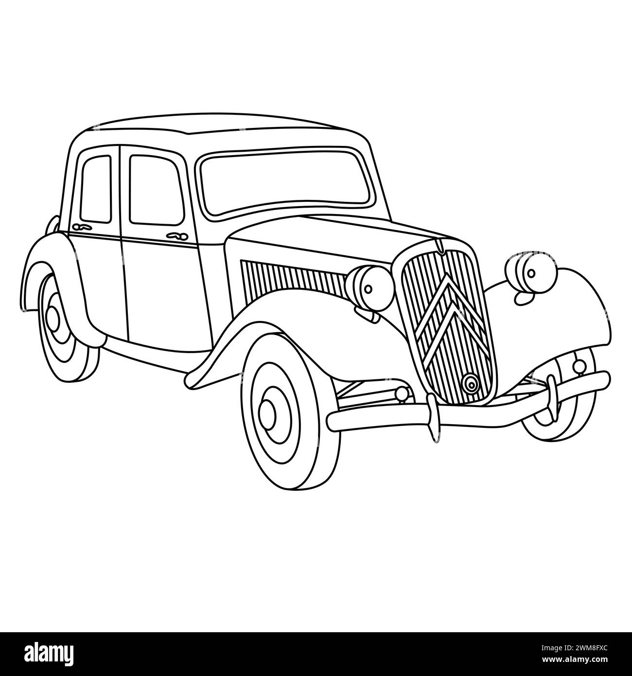 Illustrazione vettoriale Berline 1947 a 4 porte Citroen B11 Sport. Pagina dei colori delle vecchie auto per adulti. Veicolo cartoni animati isolato su sfondo bianco. Vintage Illustrazione Vettoriale
