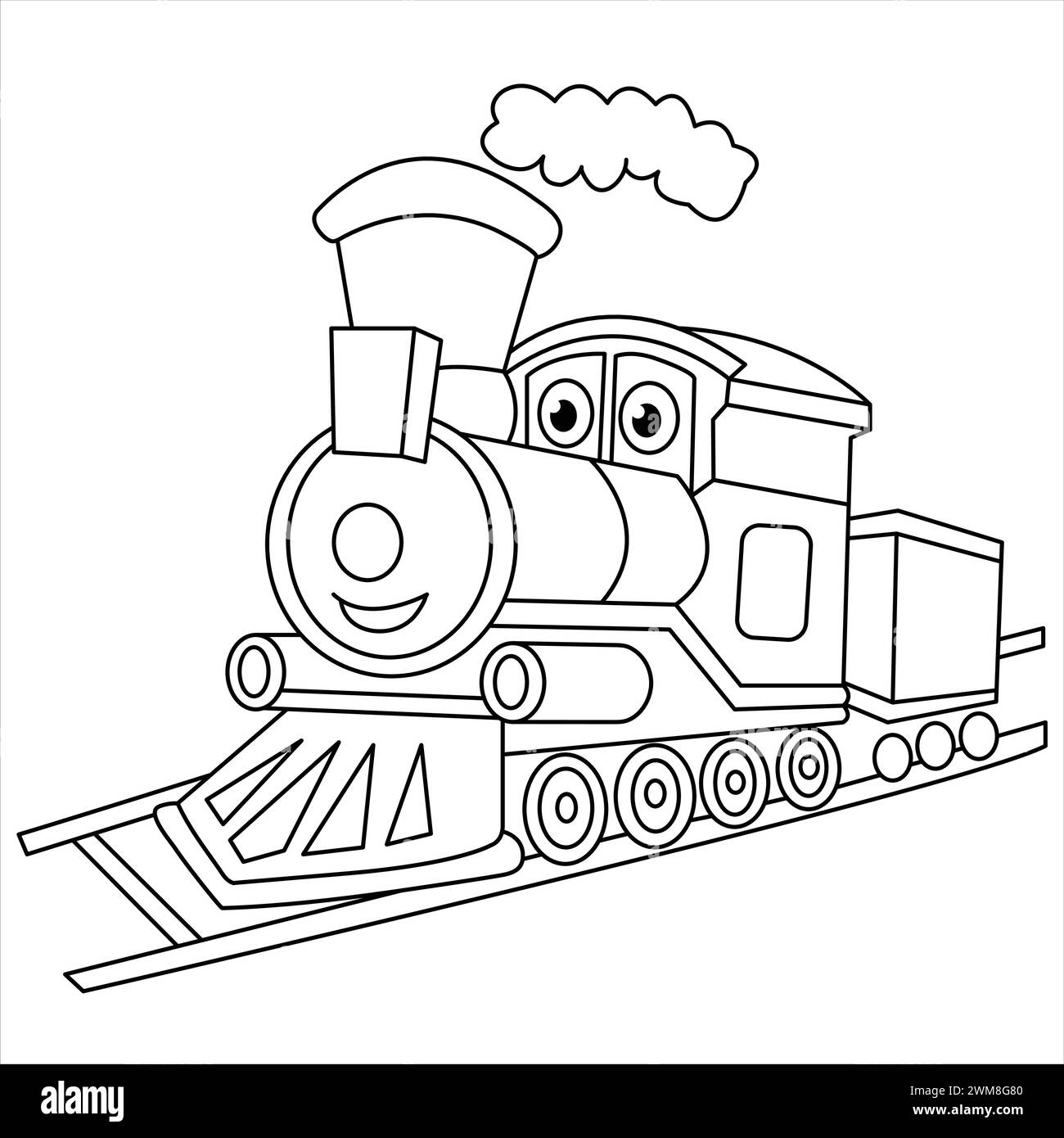 Libro da colorare per i bambini. Treno a vapore Cartoon sulla ferrovia. Illustrazione locomotiva. Trasporto ferroviario divertente Illustrazione Vettoriale