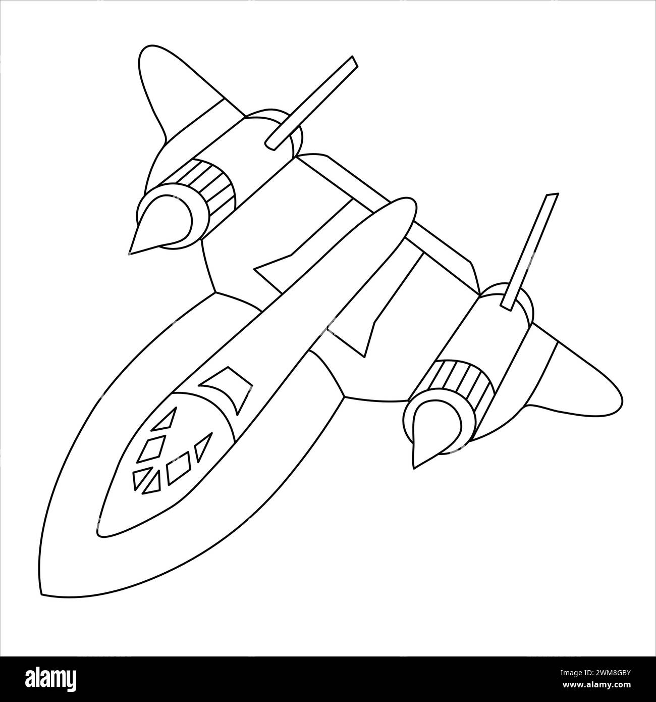 Aerei militari Lockheed SR-71 Blackbird Coloring Book per adulti e bambini. Cartoon Airplane isolato su sfondo bianco. Disegno di Fighter Jet Illustrazione Vettoriale