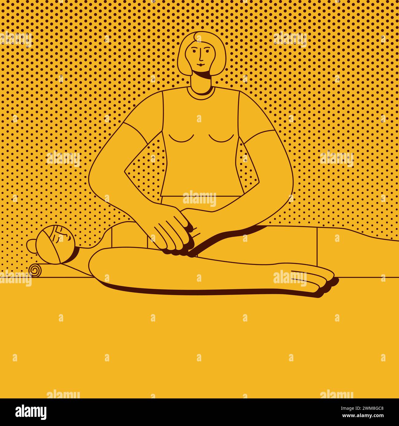 Massaggio addominale effettuato da un terapista professionista nella spa. Illustrazione vettoriale isolata in stile retrò. Illustrazione Vettoriale
