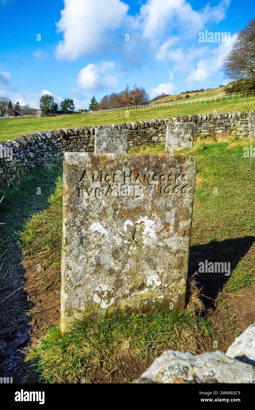 Le tombe Riley e la tomba racchiusa da un muro di pietra, le tombe di tutta la famiglia Hancock. Che tutti sono morti di peste nel distretto di Eyam Peak Derbyshire Foto Stock