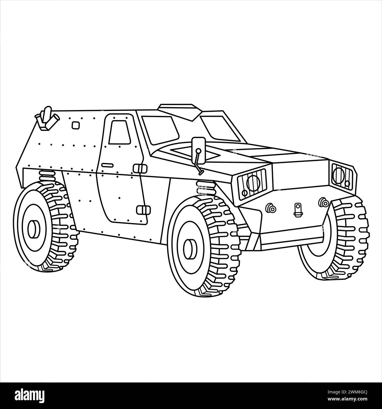 Pagina da colorare per alligatori di veicoli blindati militari. Auto blindata. Camion militare isolato su sfondo bianco Illustrazione Vettoriale