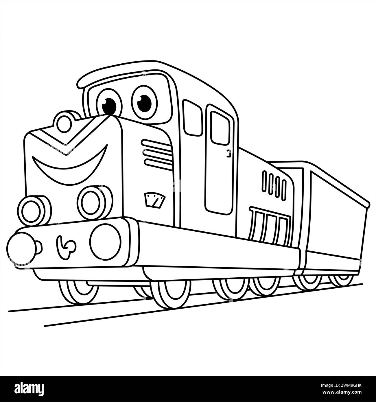 Cartoon Happy Train Coloring Page. Locomotiva isolata su sfondo bianco. Illustrazione per bambini. Libro da colorare Illustrazione Vettoriale