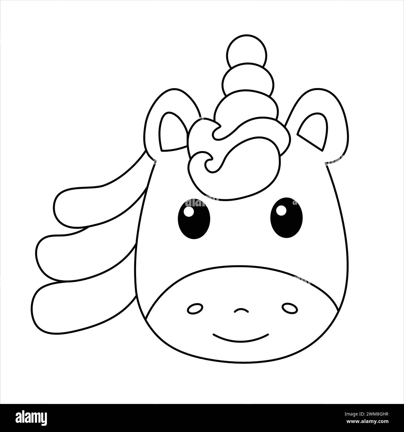 Cute Unicorn Head Coloring Page per bambini. Il bellissimo Cartoon Fairytale Unicorn. Illustrazione del vettore Magic Pony Illustrazione Vettoriale