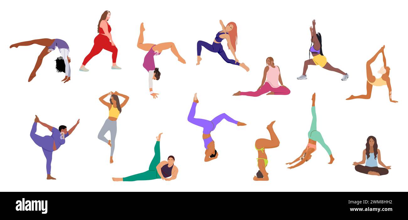 Insieme di diverse giovani donne sportive che fanno yoga. Illustrazione Vettoriale