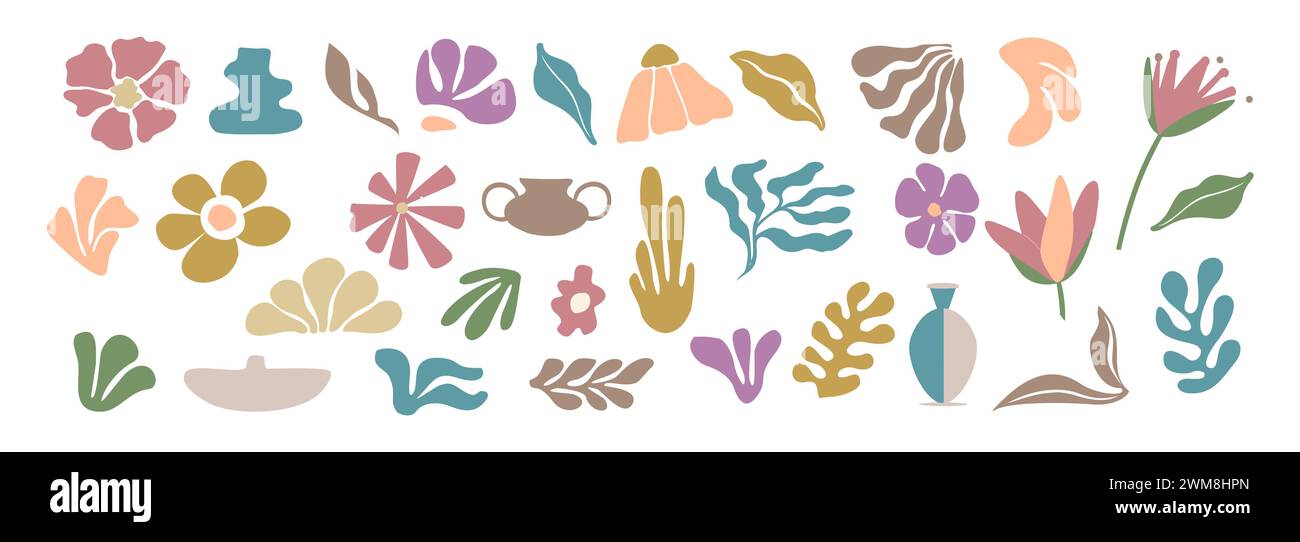 Set di elementi floreali disegnati a mano. Illustrazione Vettoriale