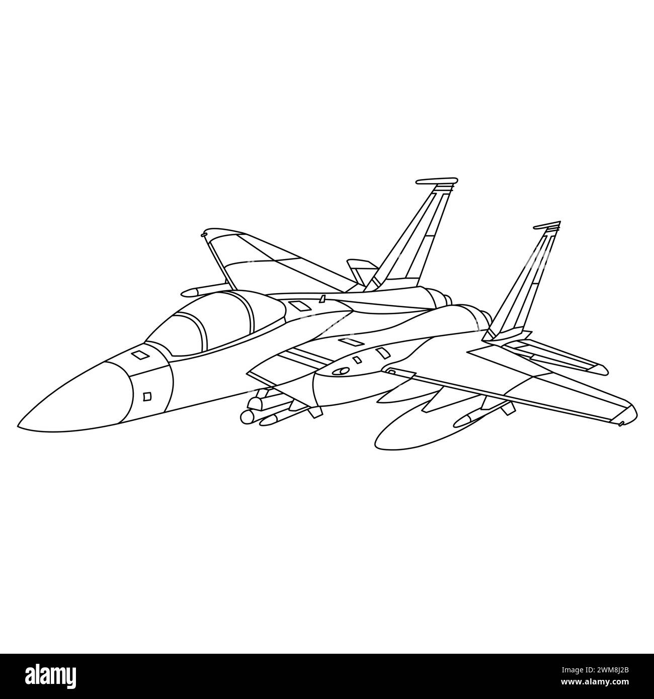 F-15 Eagle Aircraft Outline Illustration. McDonnell Douglas F-15 Eagle Coloring Book per bambini e adulti. Cartoon Airplane Isolated on White Backg Illustrazione Vettoriale