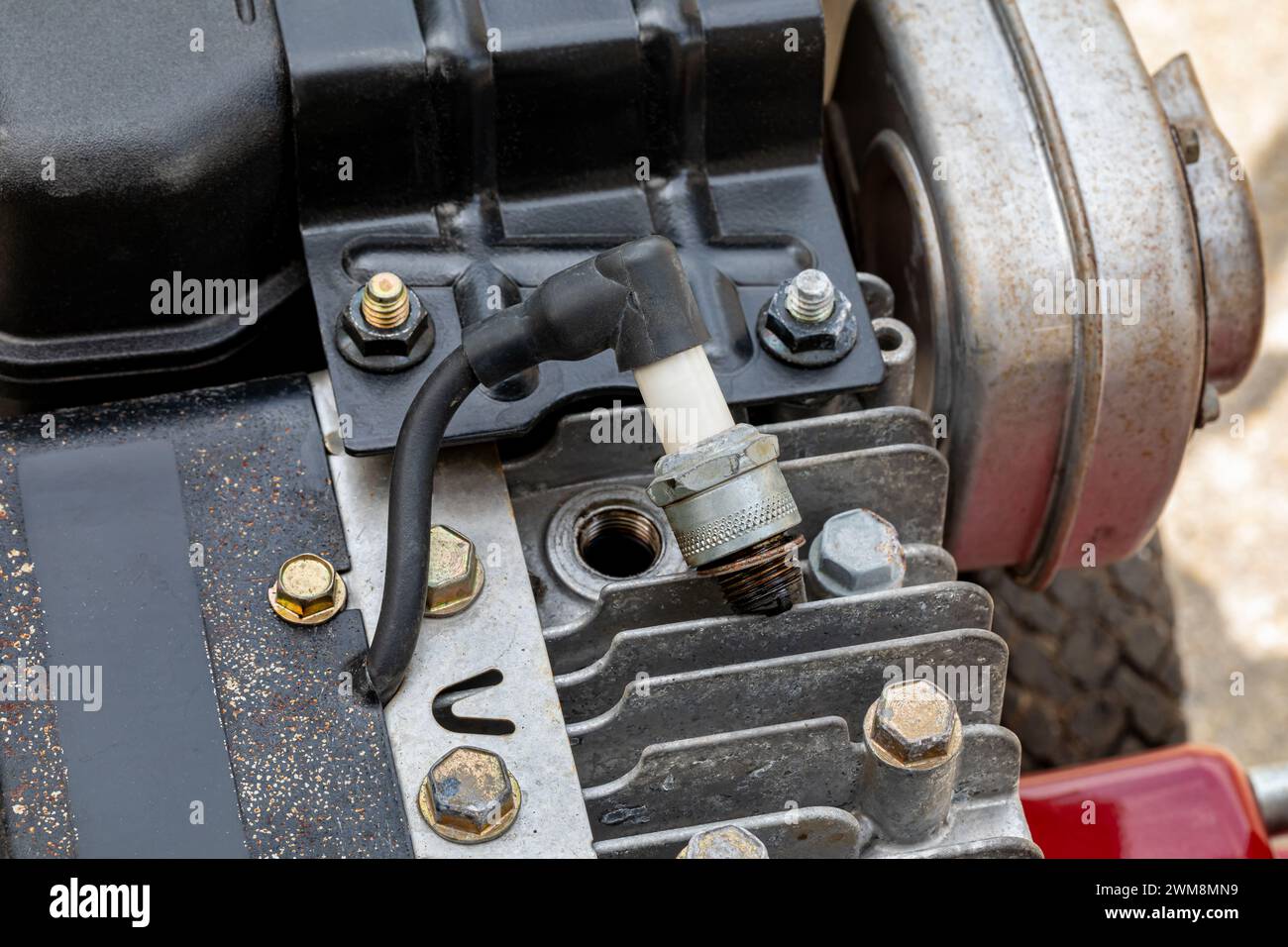 Candela rimossa dal motore del rasaerba. Riparazione, manutenzione e assistenza di attrezzature per prati e giardini. Foto Stock