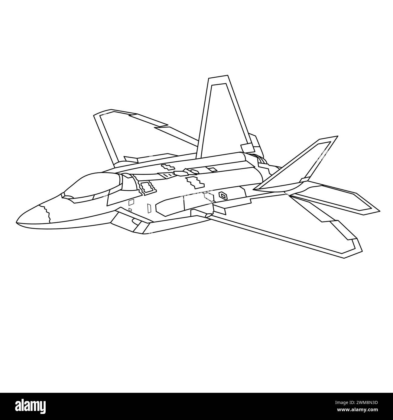 F-22 Raptor Aircraft Outline Illustration. Libro da colorare per aeroplani militari. Black and White Fighter Jet Drawing Line Art Vector. Contorno aereo da guerra Illustrazione Vettoriale