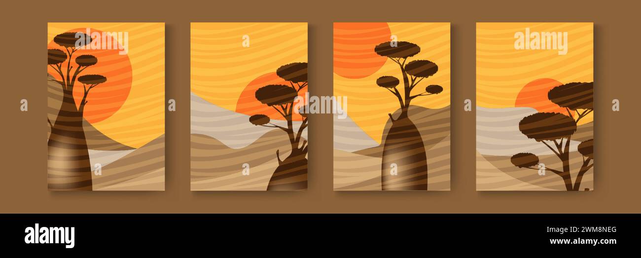 Imposta la carta degli alberi di boab e del paesaggio astratto. Baobab sul modello di sagoma di paesaggi naturali selvaggi del deserto. Striscioni verticali carteggiano con motivo Illustrazione Vettoriale