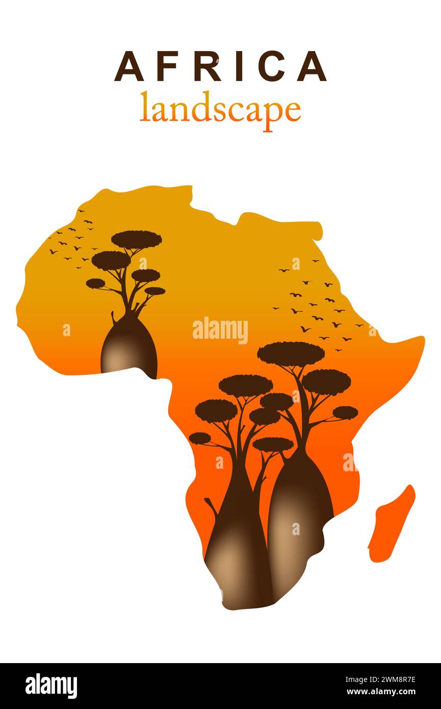 Profilo della mappa dell'Africa su alberi di boab e paesaggio astratto al tramonto. Baobab sulla natura selvaggia africana. Modello logo illustrazione vettoriale isolato su bianco Illustrazione Vettoriale