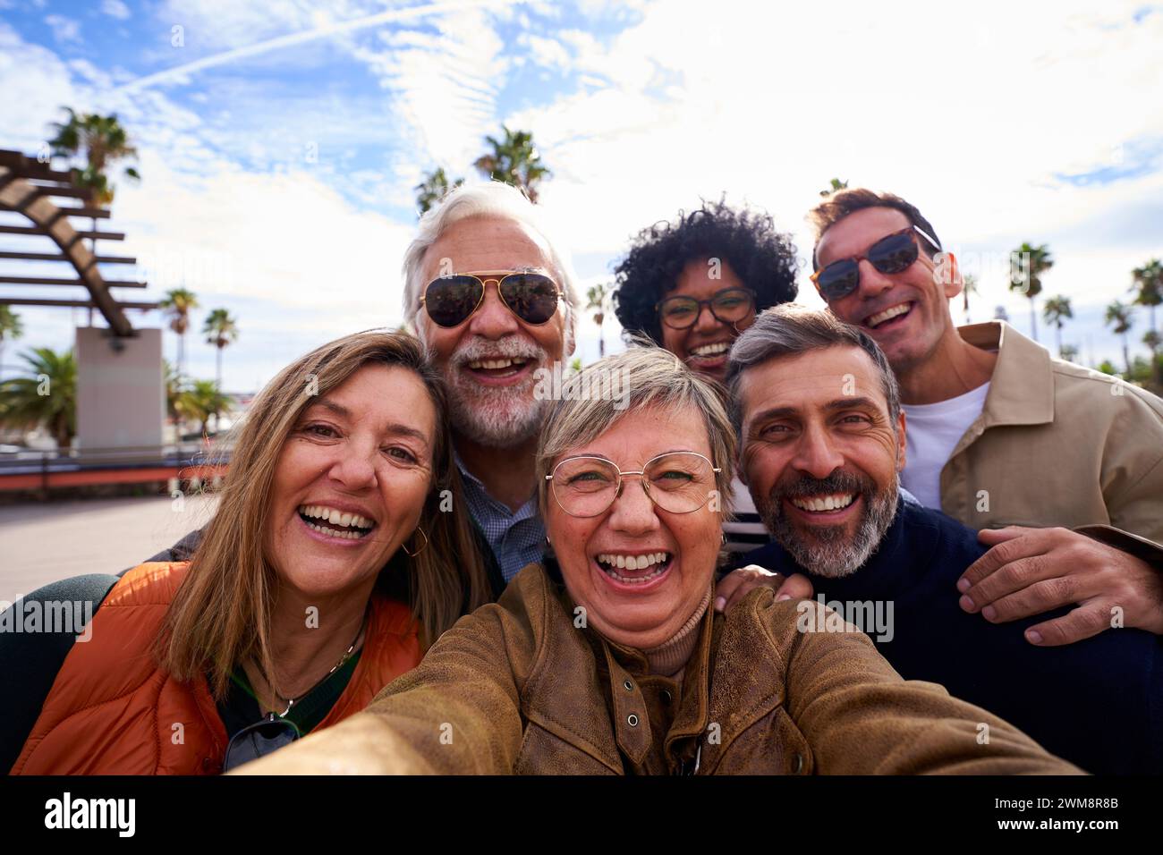 Felice selfie di un gruppo di amici maturi che si divertono all'aperto. Foto Stock