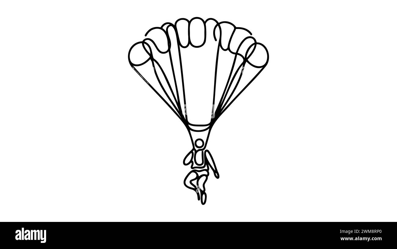 Un disegno continuo di un giovane uomo coraggioso che vola nel cielo con paracadute in parapendio. Concetto di sport estremi pericolosi all'aperto. Singolo dinamico Illustrazione Vettoriale
