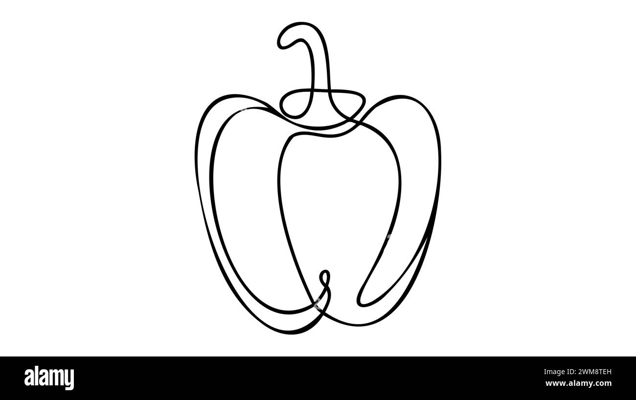 Peperone in stile grafico continuo a una linea. Schizzo lineare nero isolato su sfondo bianco. Illustrazione vettoriale. Illustrazione Vettoriale