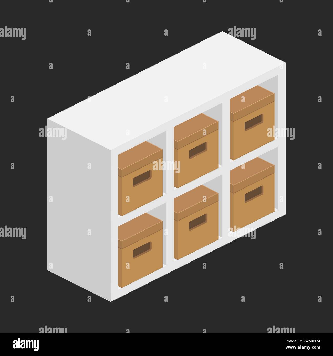 libreria con scaffale con scatola portaoggetti, illustrazione isometrica vettoriale piatta Illustrazione Vettoriale