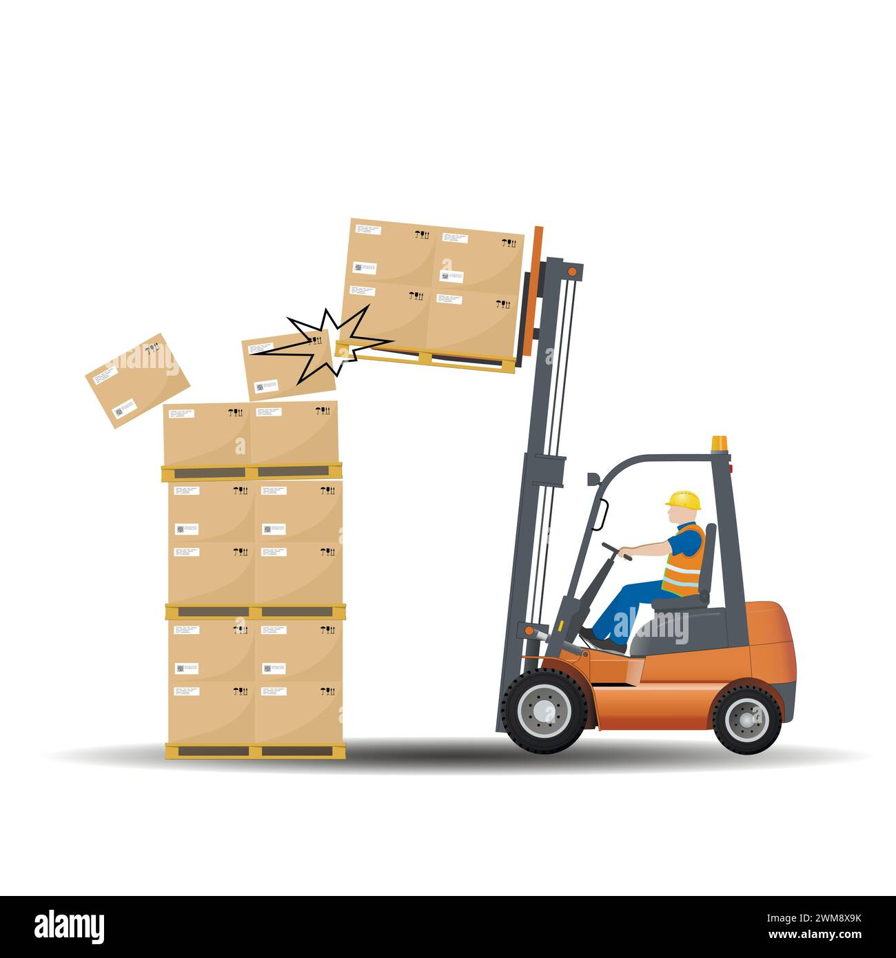 Pericoli derivanti dal lavoro con un carrello elevatore a forche. Rispettare l'altezza consentita per lo stoccaggio delle merci. Vettore. Illustrazione Vettoriale
