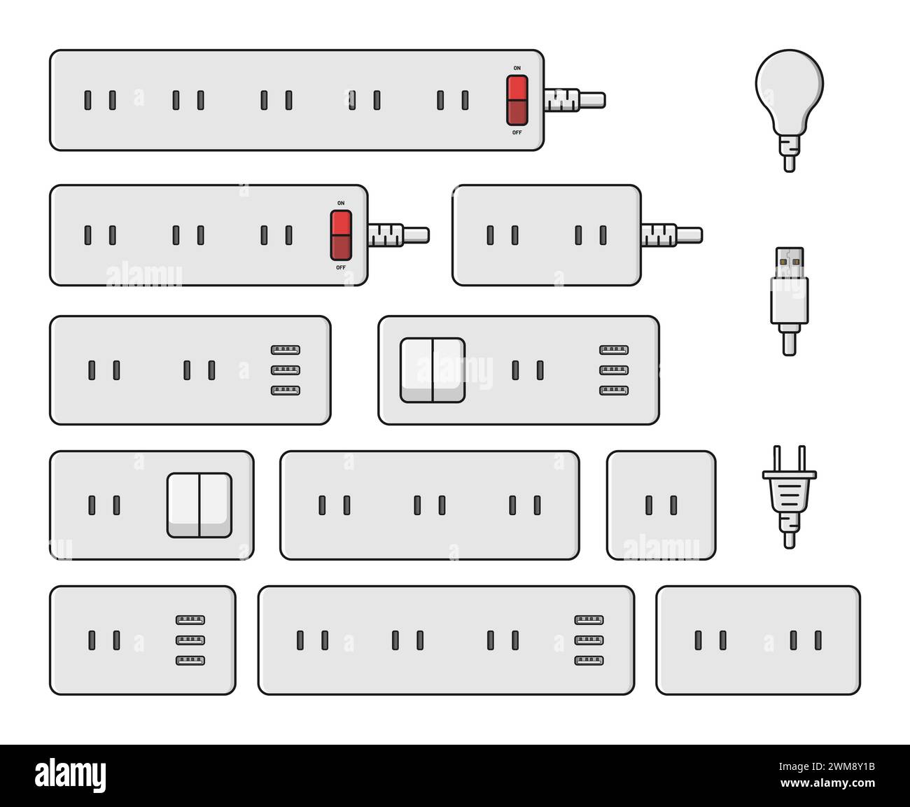 illustrazione piatta dello switch della prolunga della presa di corrente tipo a del vettore impostato Illustrazione Vettoriale