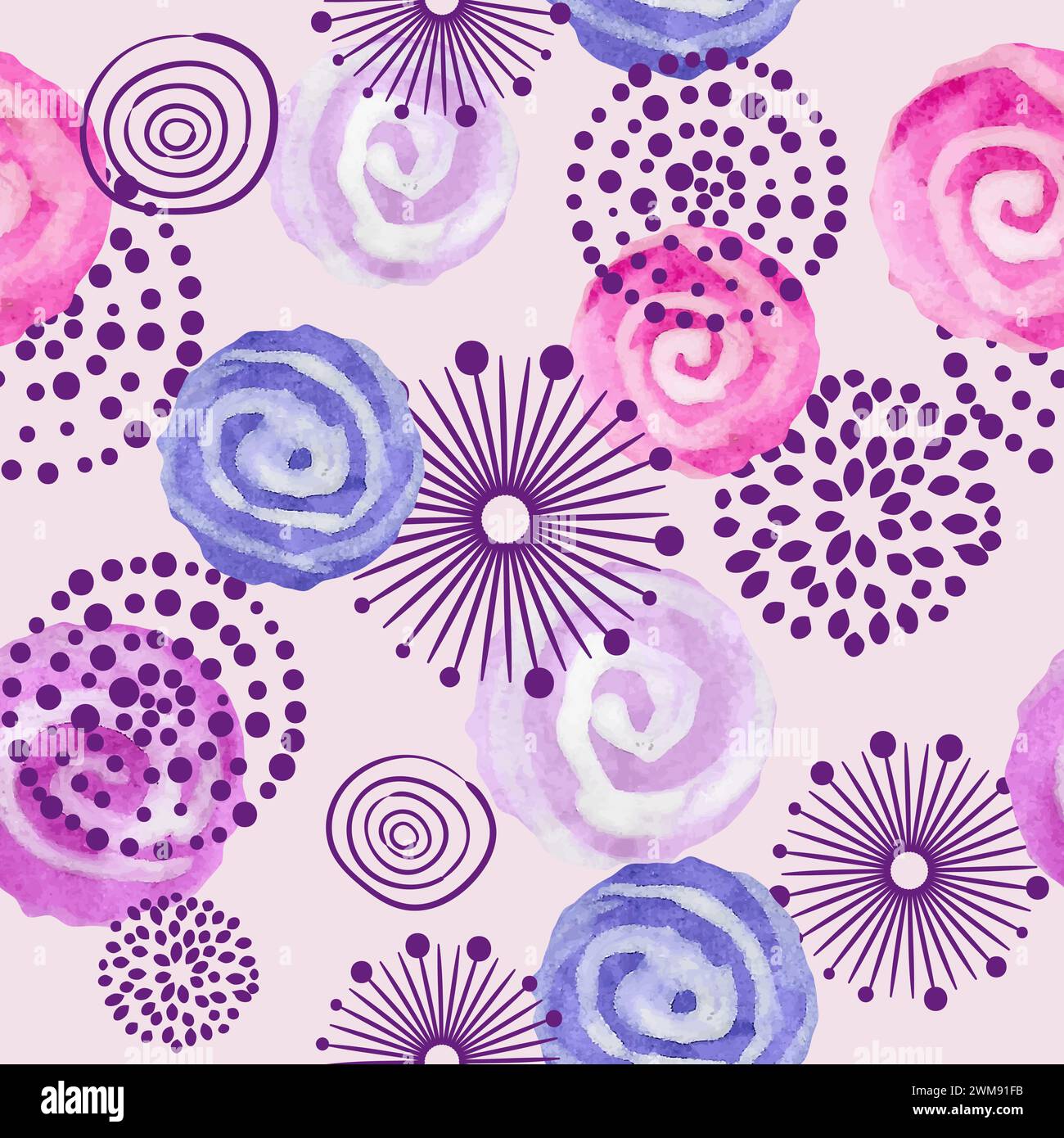 Motivo acquerello senza cuciture nei colori viola, lilla e rosa. Cerchi a spirale e fiori astratti. Sfondo vettoriale Illustrazione Vettoriale