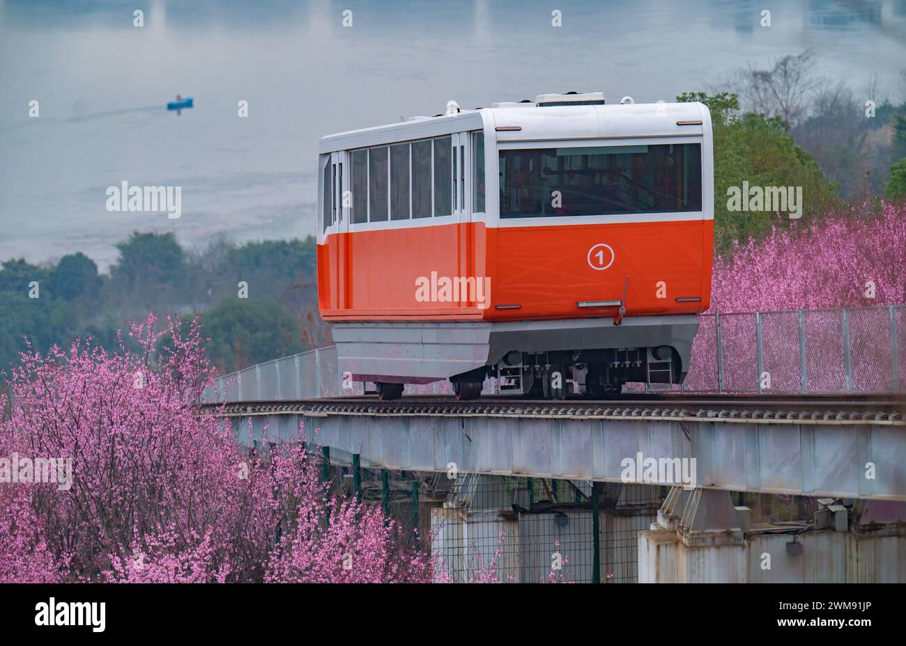 CHONGQING, CINA - 24 FEBBRAIO 2024 - Una funivia turistica tra lo spazio urbano e la riva del fiume Jialing a Chongqing, Cina, Foto Stock