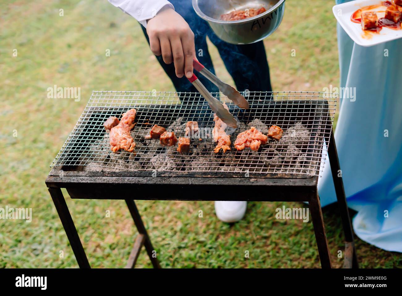 Un paio di grigliate su una griglia a carbone durante la primavera. Festa barbecue in giardino Foto Stock