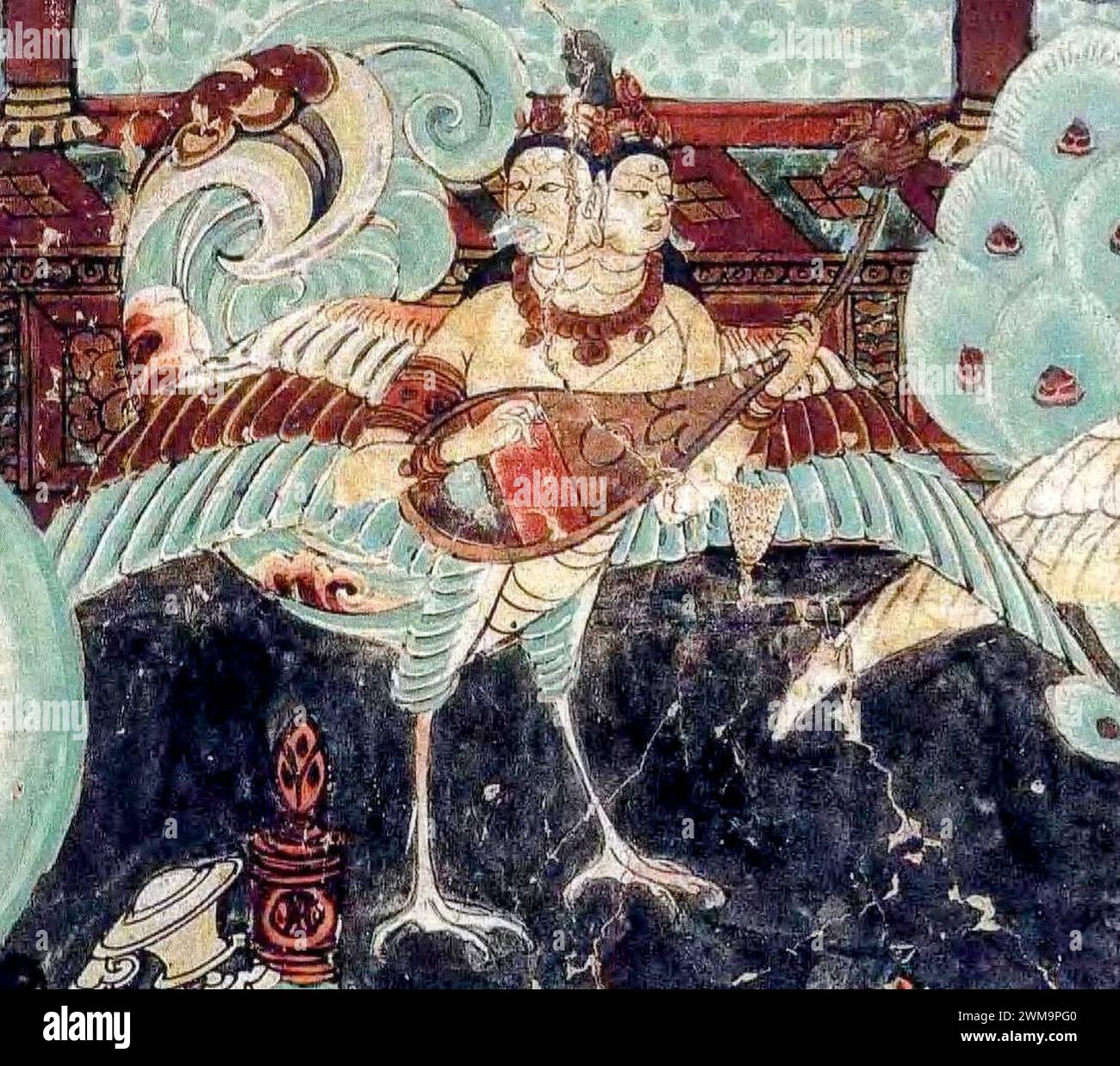 Bird of Life o Jivajivaka (共命鸟), che suona un pipa o un Konghou con testa di Fenice (凤首箜篌) 02. Foto Stock