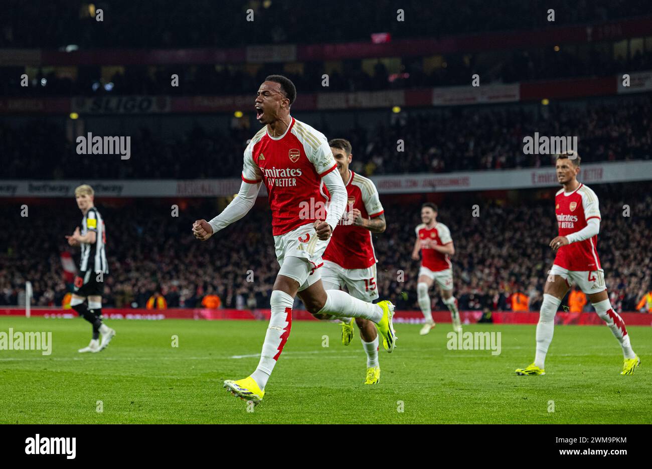 (240225) -- LONDRA, 25 febbraio 2024 (Xinhua) -- Gabriel Magalhaes dell'Arsenal celebra il punteggio della sua squadra durante la partita di Premier League inglese tra Arsenal e Newcastle United a Londra, Regno Unito, 24 febbraio 2024. (XINHUA)SOLO PER USO EDITORIALE. NON IN VENDITA PER CAMPAGNE PUBBLICITARIE O DI MARKETING. DIVIETO DI UTILIZZO CON AUDIO, VIDEO, DATI, ELENCHI DI INCONTRI, LOGHI CLUB/LEAGUE O SERVIZI "LIVE" NON AUTORIZZATI. UTILIZZO ONLINE IN-MATCH LIMITATO A 45 IMMAGINI, SENZA EMULAZIONE VIDEO. NON È CONSENTITO L'USO IN SCOMMESSE, GIOCHI O PUBBLICAZIONI PER SINGOLI CLUB/CAMPIONATO/GIOCATORI. Foto Stock