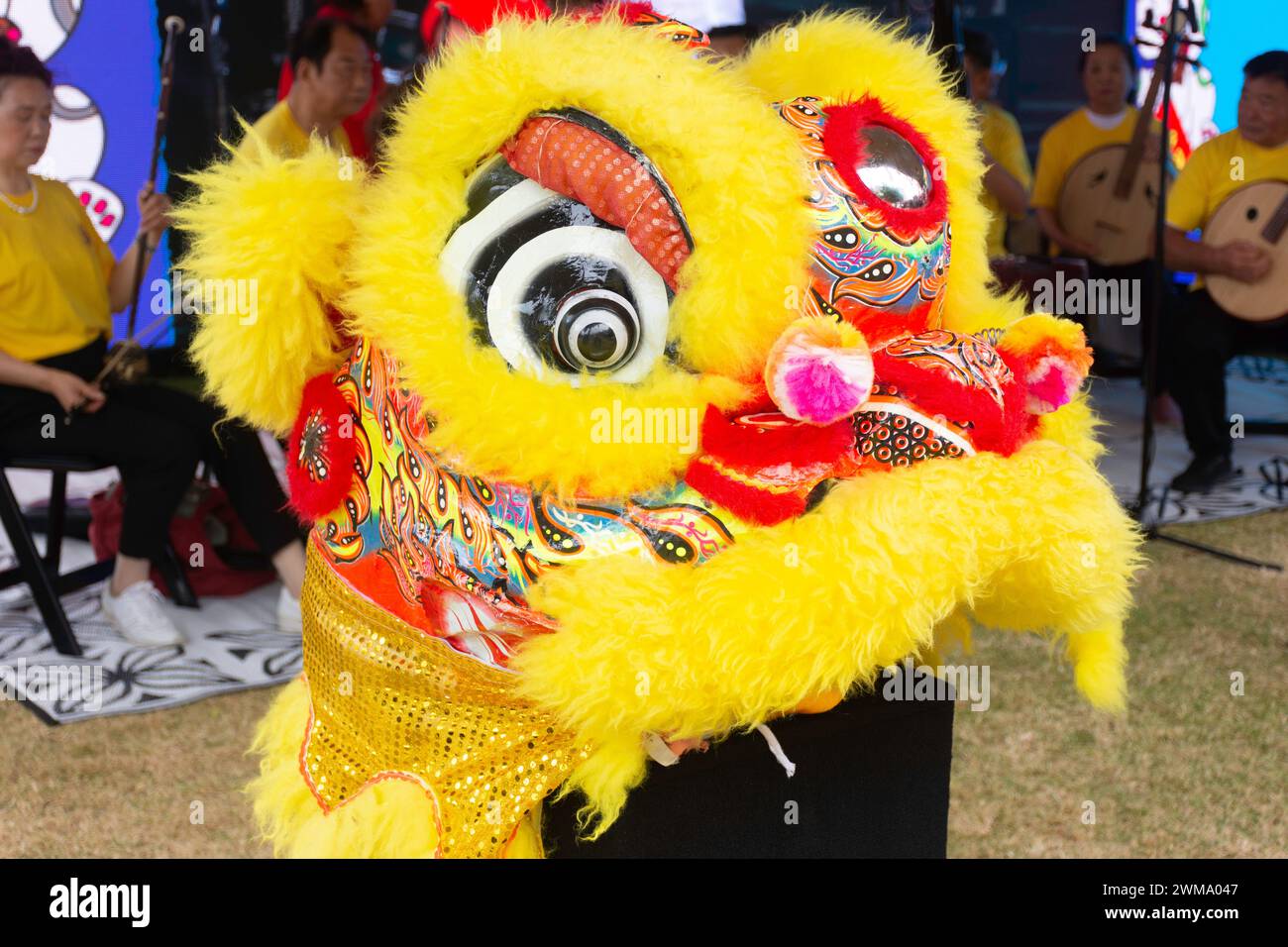 Maschera leone di Capodanno cinese, Aotea Square, Queen Street, City Centre, Auckland, regione di Auckland, nuova Zelanda Foto Stock