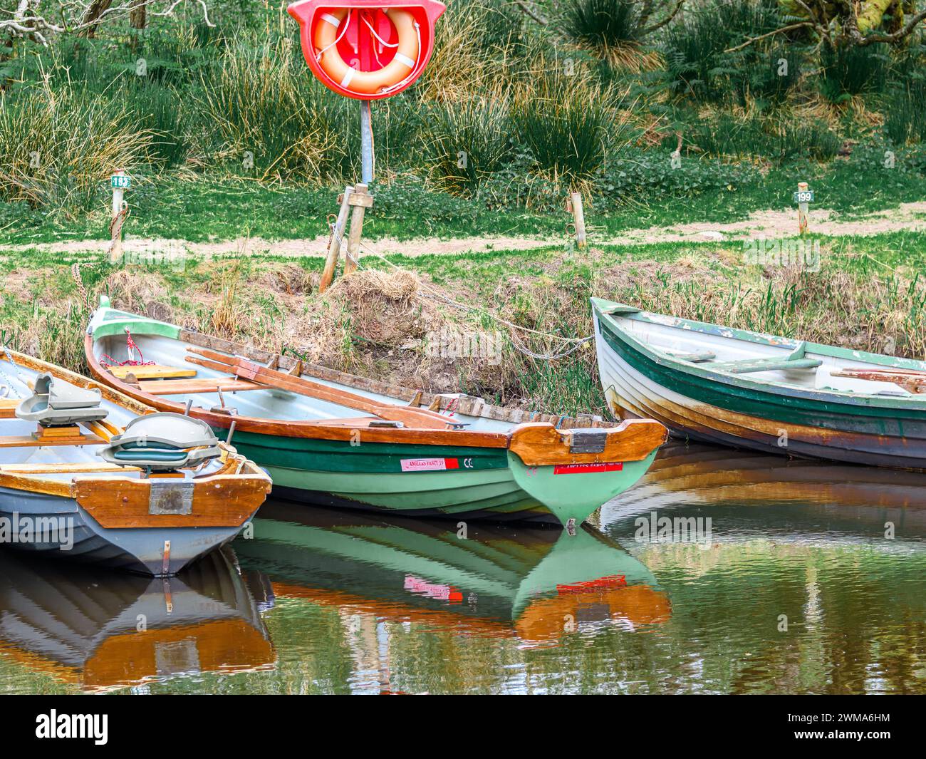 Barche ormeggiate sul fiume nel Parco Nazionale di Killarney, Irlanda. Foto di alta qualità Foto Stock