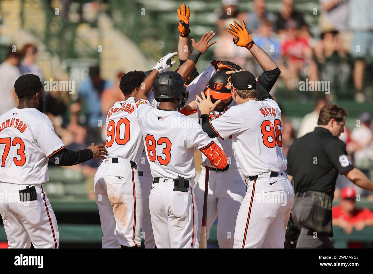 Sarasota FL USA; l'esterno destro dei Baltimore Orioles batte homer al centro sinistro durante una partita di allenamento primaverile della MLB contro i Boston Red Foto Stock