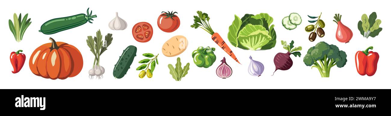 Set di diverse icone del cibo di verdure sane. Illustrazione Vettoriale