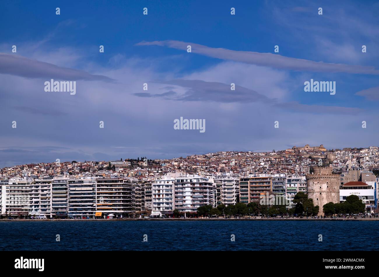 Skyline, Torre Bianca, Acropoli, città vecchia, Heptapyrgion, fortezza, Cittadella Promenade, Salonicco, Macedonia, Grecia Foto Stock