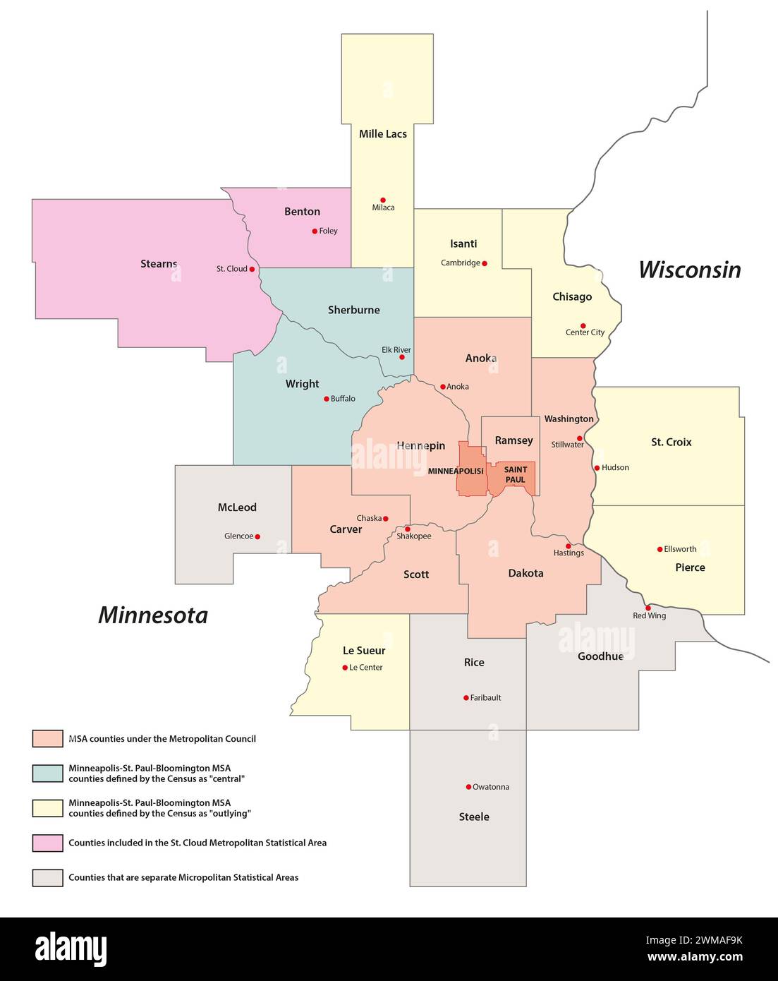 Mappa amministrativa dell'area metropolitana Minneapolis-Saint Paul, Minnesota, Wisconsin, Stati Uniti Foto Stock