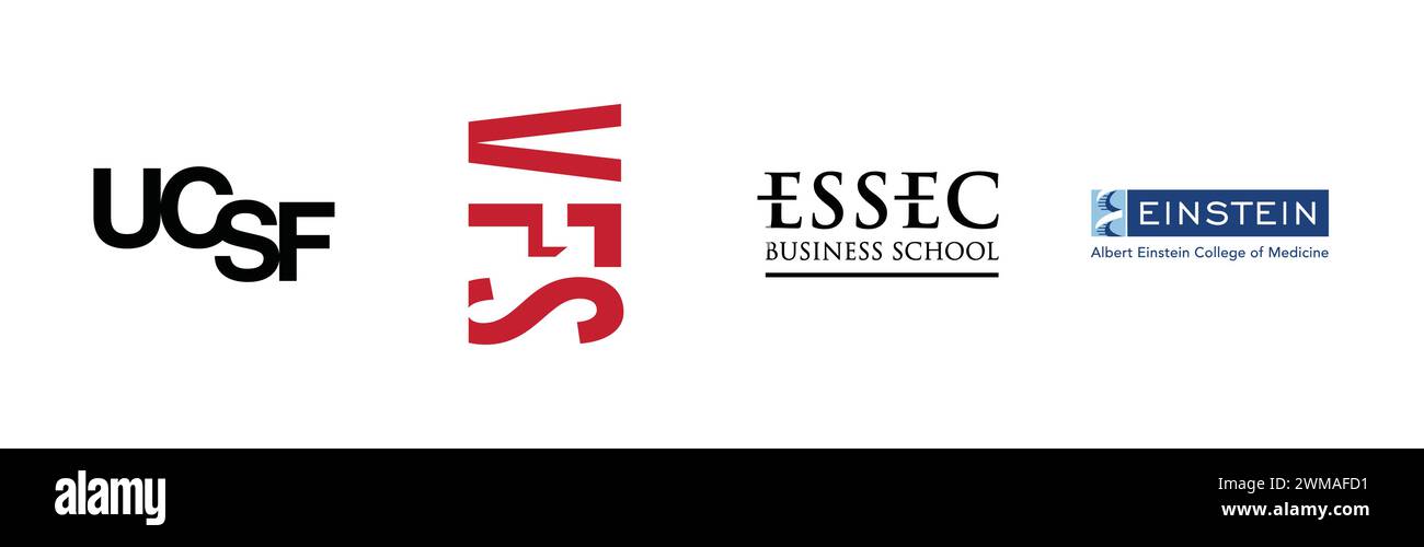 ESSEC, Albert Einstein College of Medicine, UCSF, Vancouver Film School, famosa collezione di logo del marchio. Illustrazione Vettoriale