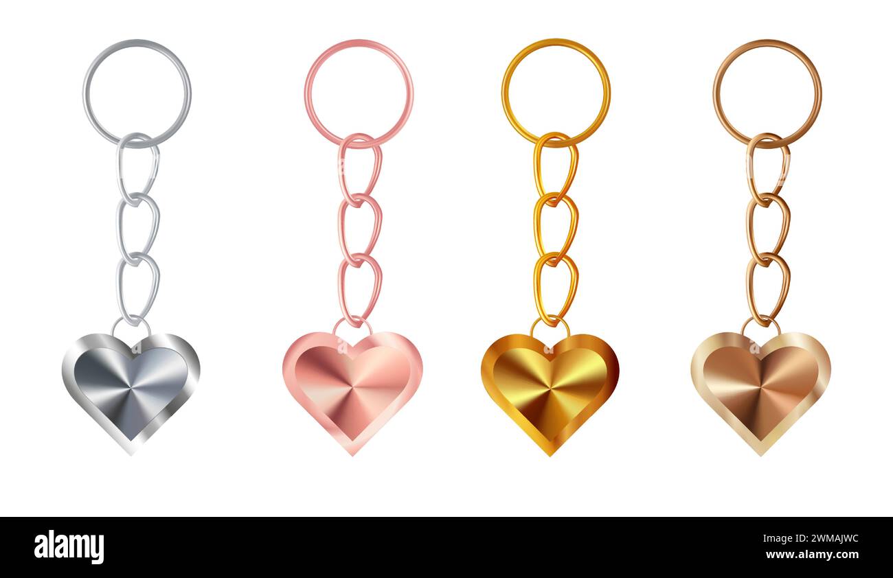 Un set di portachiavi in rame, bronzo, oro o ottone, argento o acciaio, oro rosa a forma di cuore, isolato sul bianco. Illustrazione Vettoriale