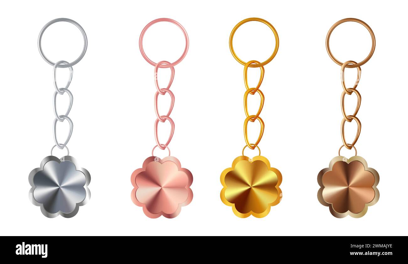 Un set di portachiavi in rame, bronzo, oro o ottone, argento o acciaio, oro rosa a forma di fiore. Vettore realistico. Illustrazione Vettoriale