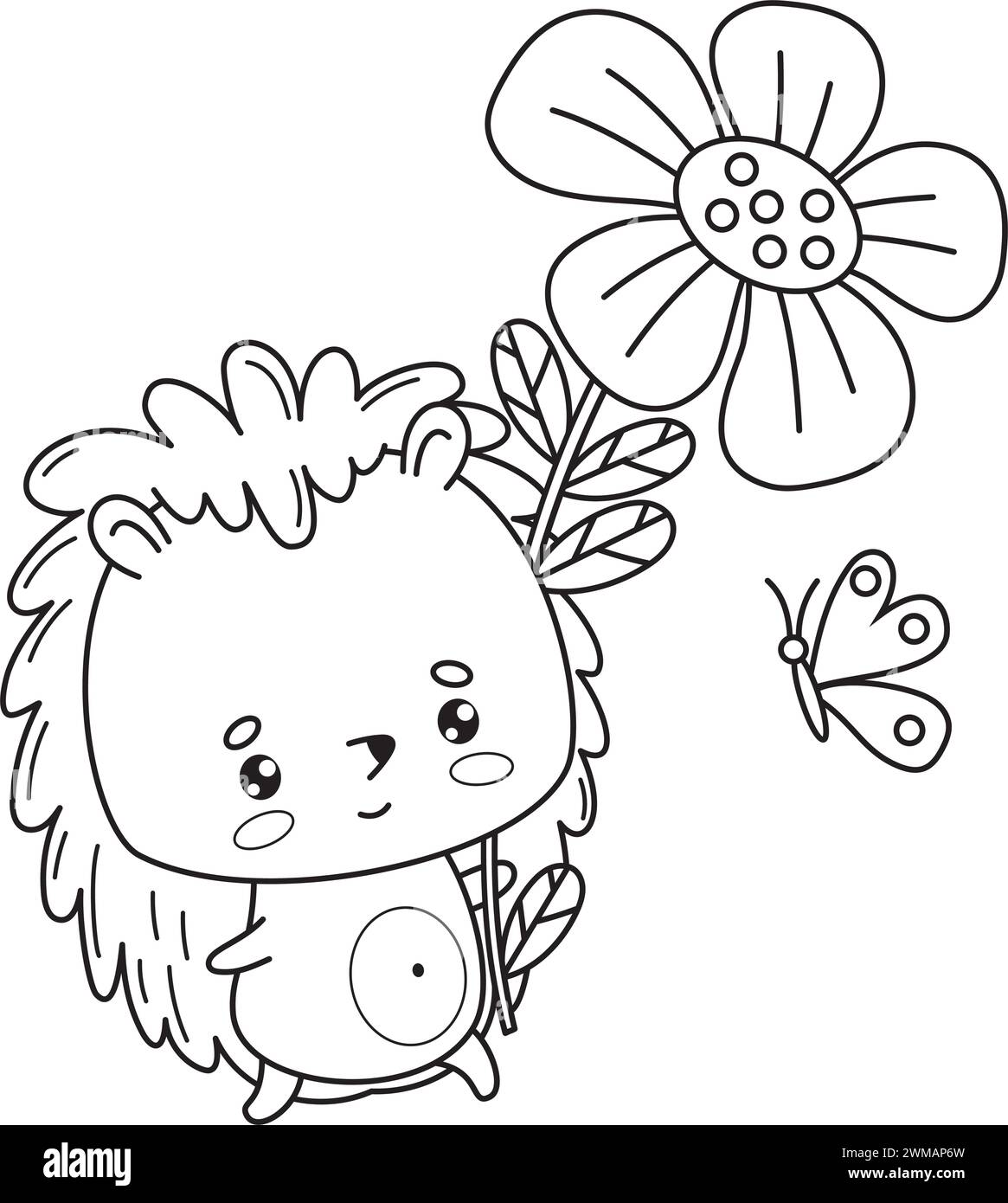 Profilo carino riccio con fiore. Illustrazione vettoriale. Divertente personaggio animato. Disegno al tratto, libro da colorare. Collezione bambini Illustrazione Vettoriale