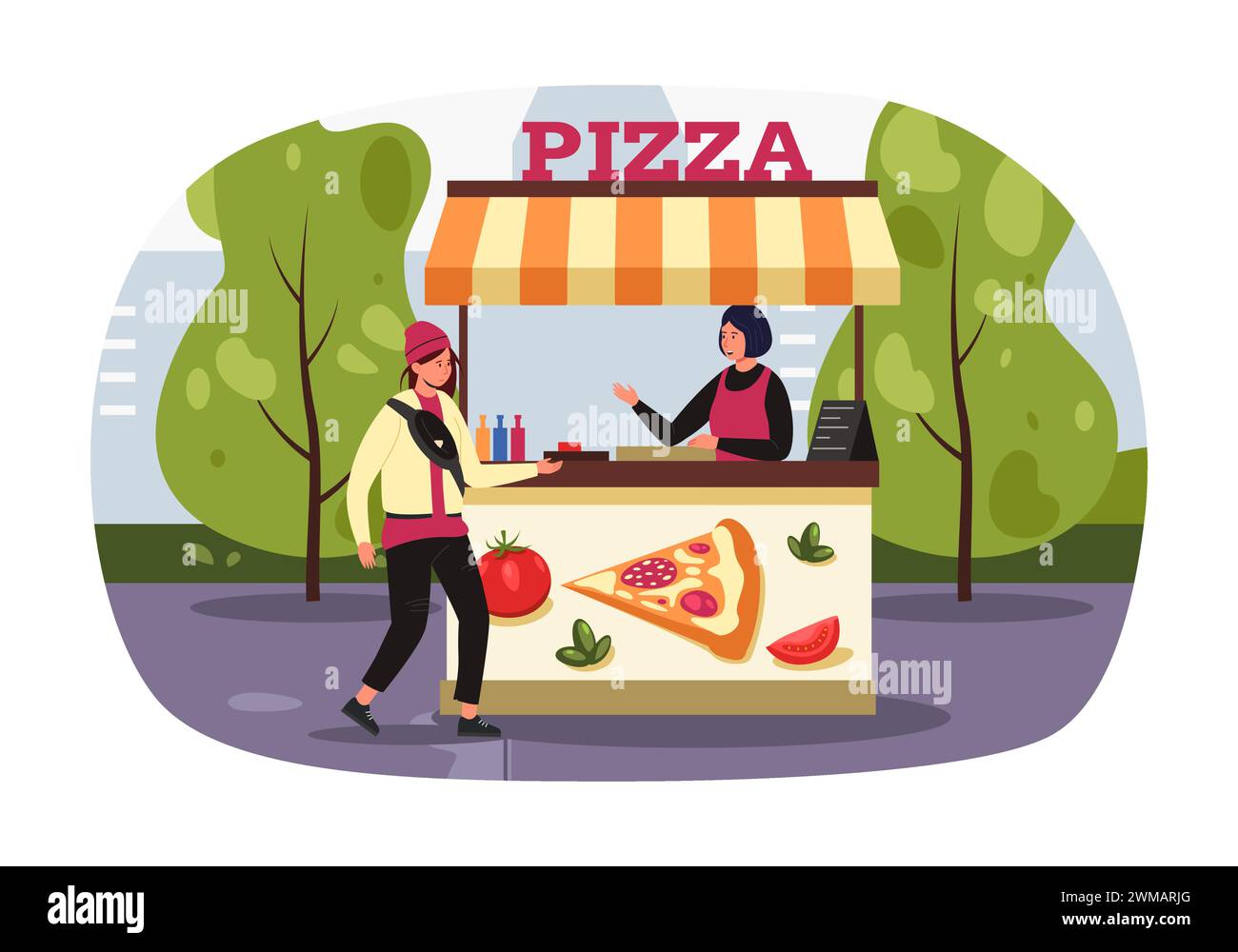 Mercato di strada. Chiosco che vende pizza. Illustrazione vettoriale Illustrazione Vettoriale