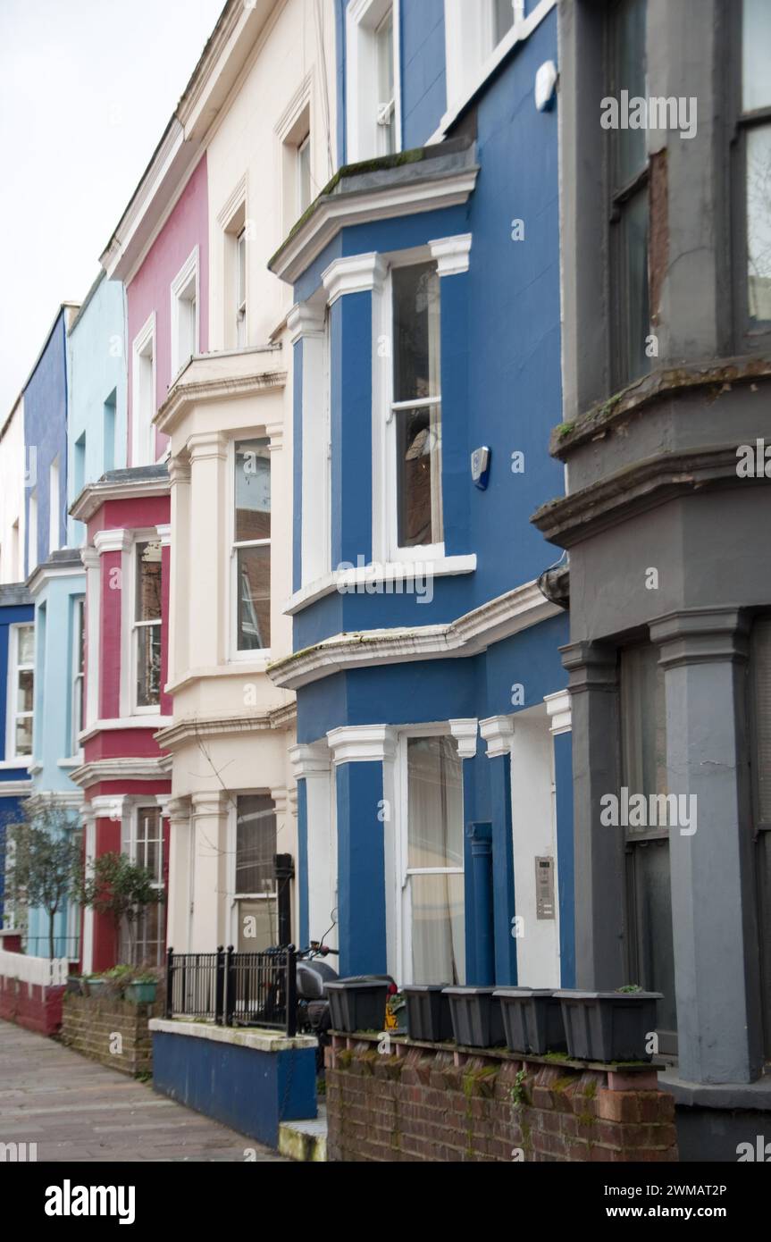 Edifici attraenti e dai colori vivaci, Notting Hill, Royal Borough di Kensington e Chelsea, Londra, Regno Unito; felce in primo piano; alcune piante in vaso. Foto Stock