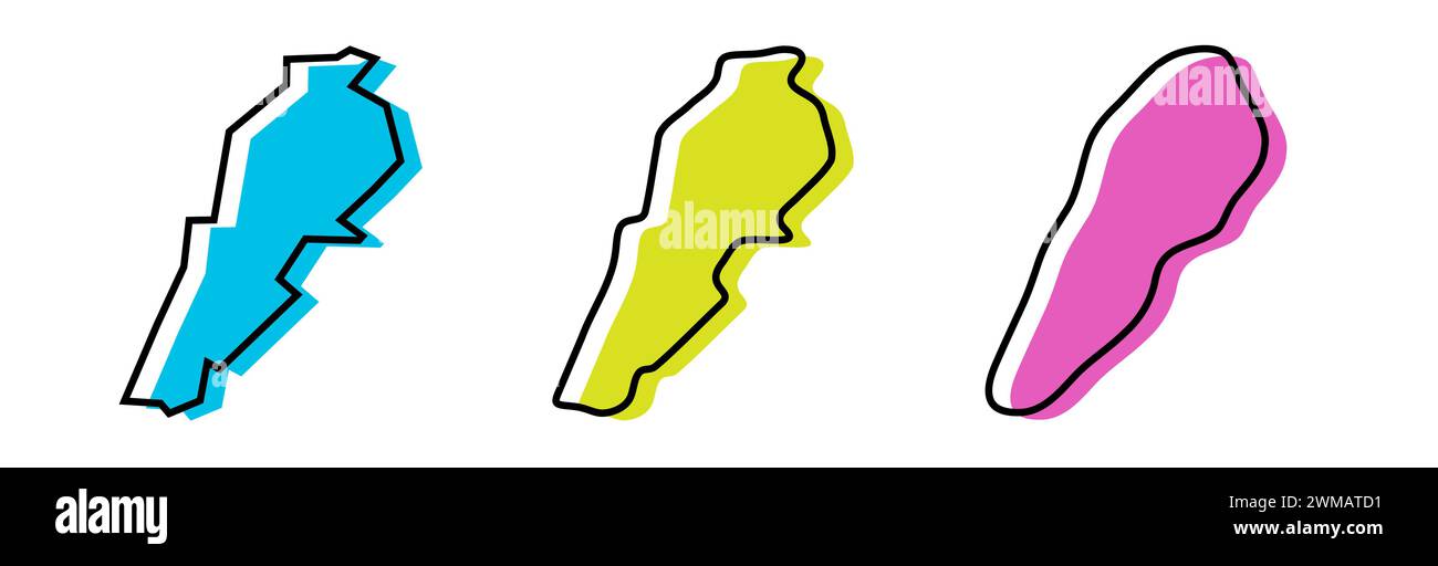 Contorno nero del paese del Libano e silhouette colorate del paese in tre diversi livelli di levigatezza. Mappe semplificate. Icone vettoriali isolate su sfondo bianco. Illustrazione Vettoriale