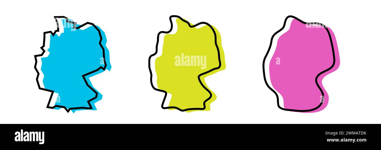 Profilo nero e silhouette country colorate in Germania in tre diversi livelli di morbidezza. Mappe semplificate. Icone vettoriali isolate su sfondo bianco. Illustrazione Vettoriale