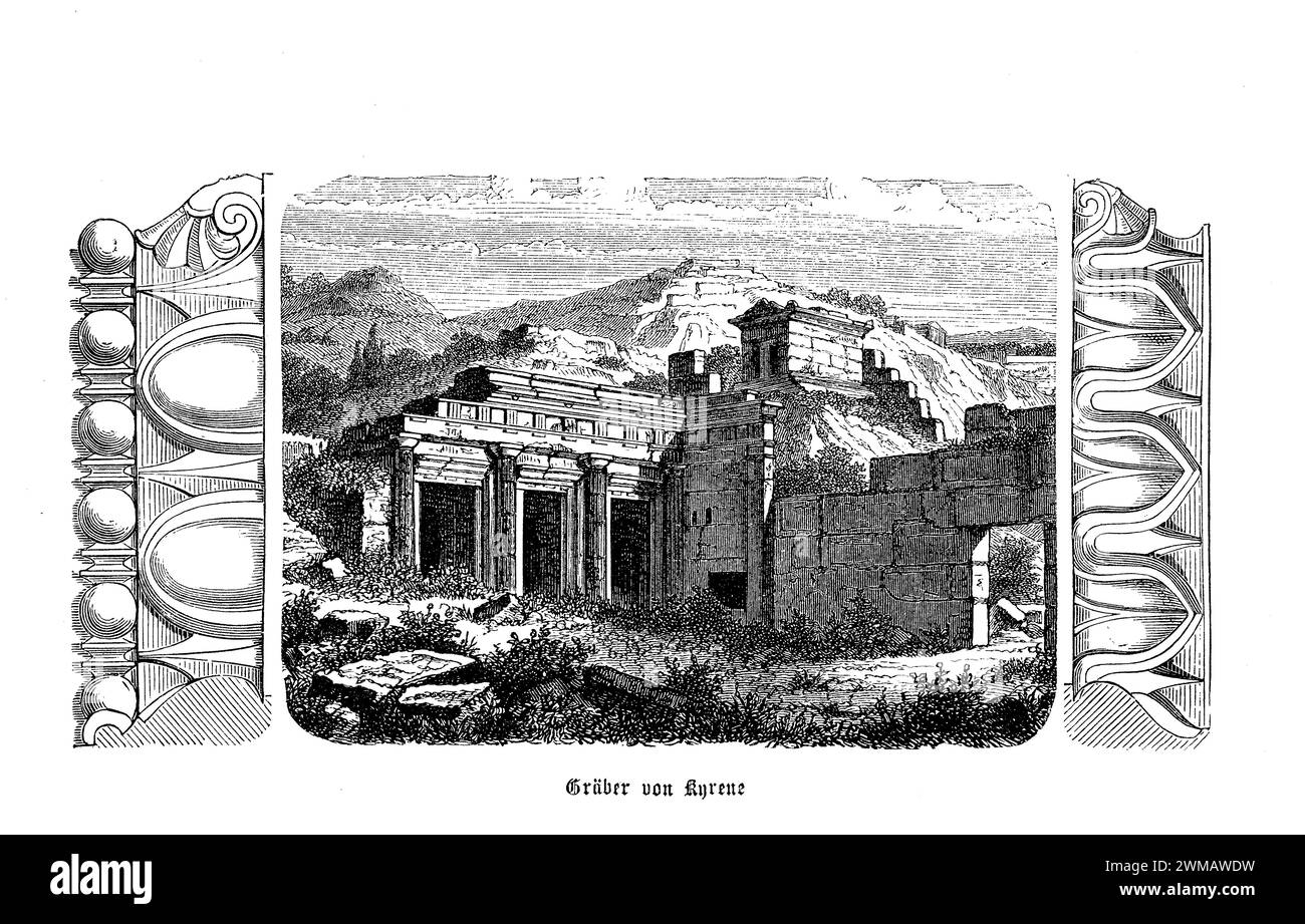 La Necropoli di Cirene, situata nell'attuale Libia, è un vasto cimitero greco antico che fa parte del sito archeologico di Cirene, una delle principali città dell'antico mondo greco e in seguito una significativa città romana. Questa necropoli si trova ad est e ad ovest di Cirene, che si estende su una vasta area, e contiene una notevole collezione di tombe, monumenti e architettura funeraria che risale dal vi secolo a.C. al periodo romano Foto Stock