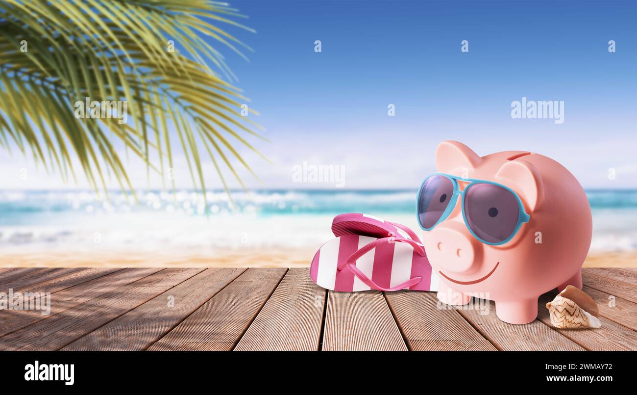 Salvadanaio felice con occhiali da sole sulla spiaggia: Un concetto di vacanza economico Foto Stock