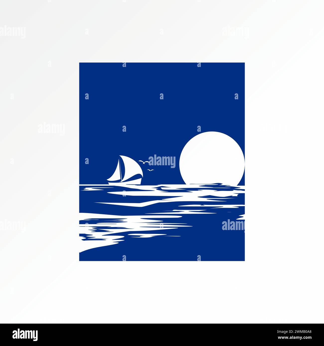 Design del logo concept grafico creativo premium astratto stock cartello nave da crociera crociera, tramonto alba sulla spiaggia. Pittura correlata onda dell'oceano notturna Illustrazione Vettoriale